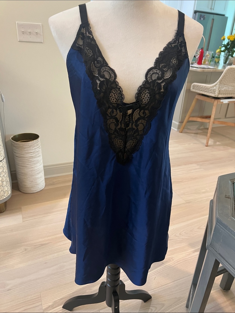 Victoria's Secret Navy Satin Chemise with Black Lace - Picture 1 of 3